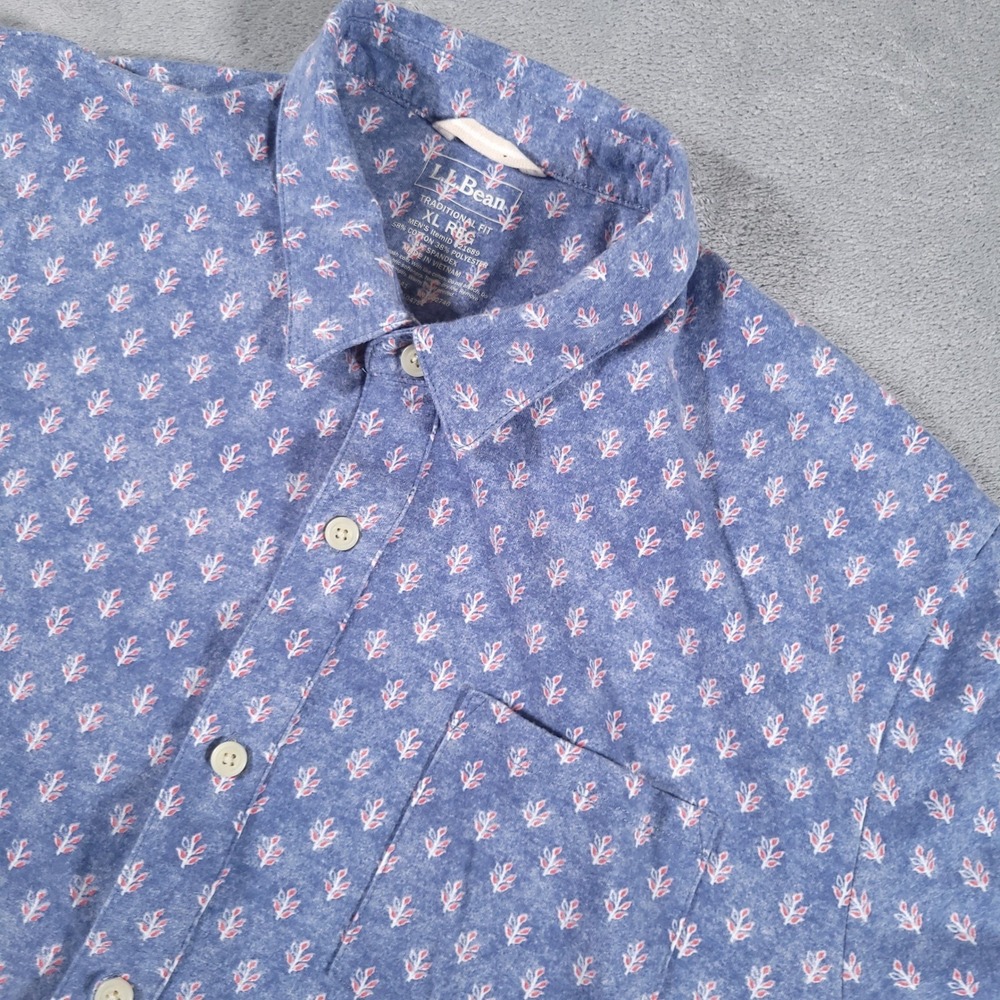 LL Bean Shirt Mens XL Blue Floral Short Sleeve Traditional Fit Stretch Cotton
